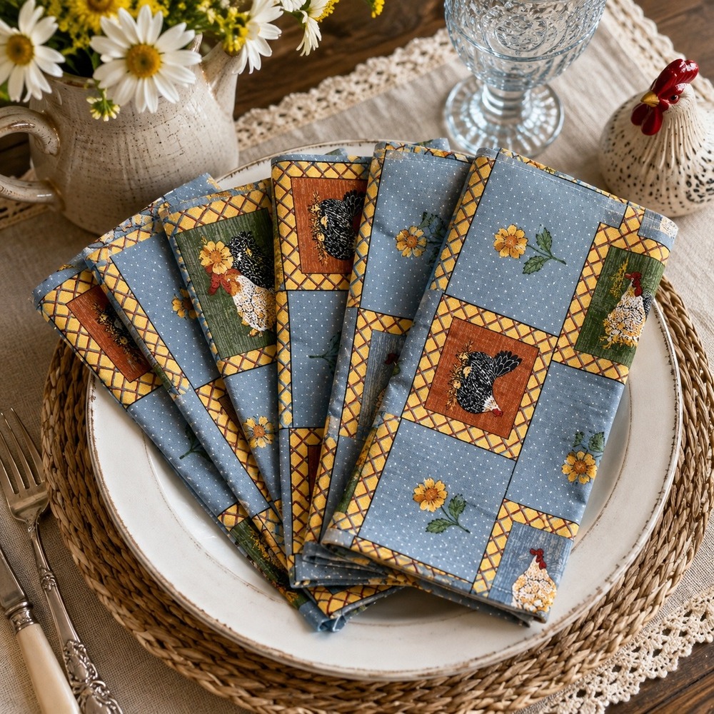 Warren Kimble Chicken Sunflower Cloth Napkins Set of 4 Blue Farmhouse Folk Art